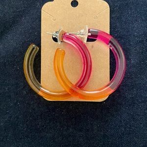 Rainbow, acrylic resin, colorful pink, and orange hoop earrings.
